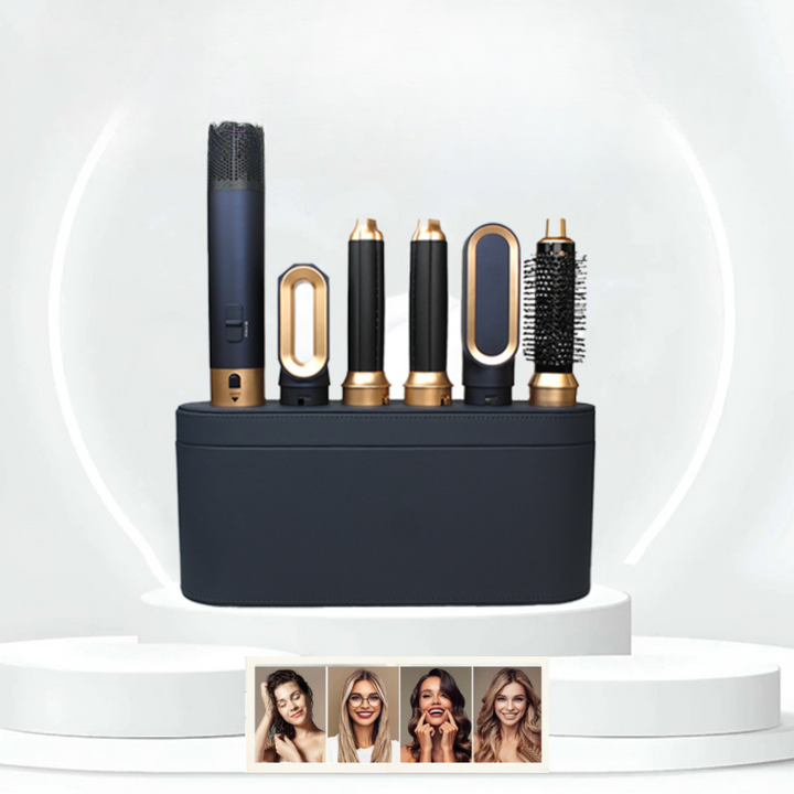 Schwarzer Haarstyler-Set mit goldenen Aufsätzen, Lockenstab, Föhn, Rundbürste, Glätteisen.