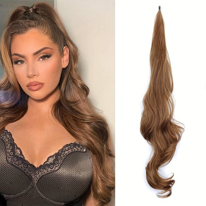Braunes, langes, gewelltes Haarteil, synthetisch, für Frauen, Haarverlängerung, Modeaccessoire.