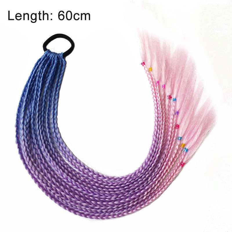 Lila-rosa Ombre Haarverlängerung, 60cm, geflochten, synthetisch, mit Perlen, für Cosplay.