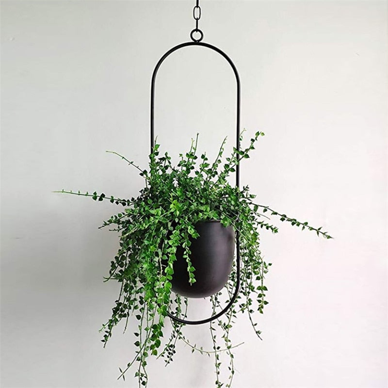Schwarzer hängender Blumentopf mit grüner Pflanze, moderner Metallrahmen, Innendekoration.