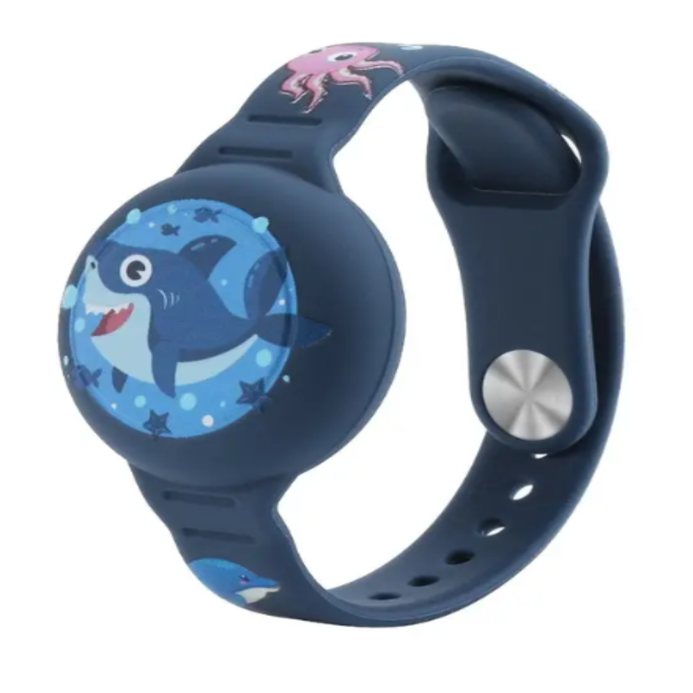 Dunkelblaues Kinderarmband mit Hai- und Oktopus-Motiv, verstellbar, aus Silikon.