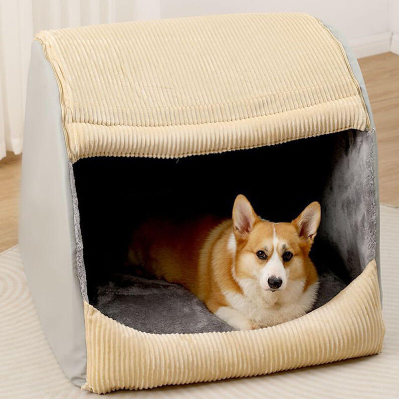 Großes, abnehmbares Hundezelt aus warmem Flanell, beige, halbgeschlossen, mit Corgi.