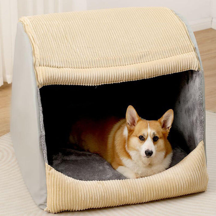 Großes, abnehmbares Hundezelt aus warmem Flanell, beige, halbgeschlossen, mit Corgi.