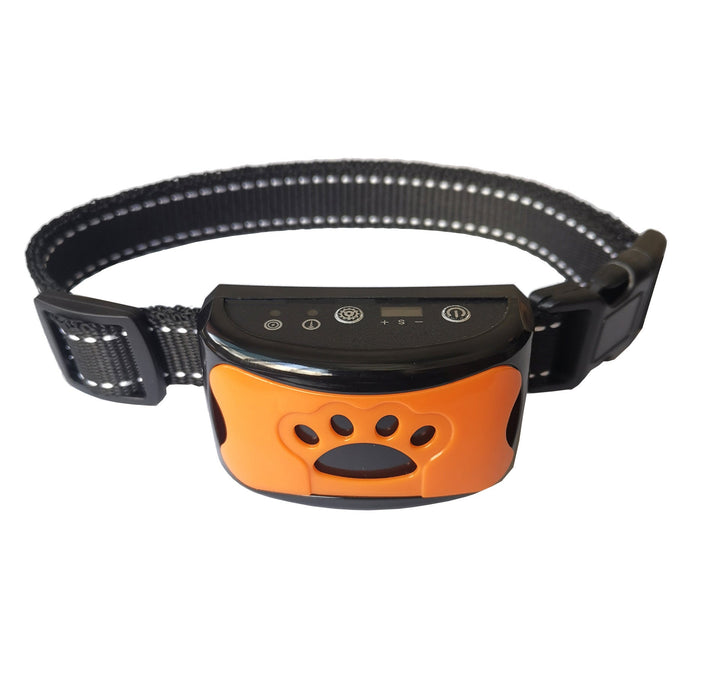 Schwarzes und oranges Anti-Bell-Halsband für Hunde mit Pfotenmotiv und verstellbarem Riemen.