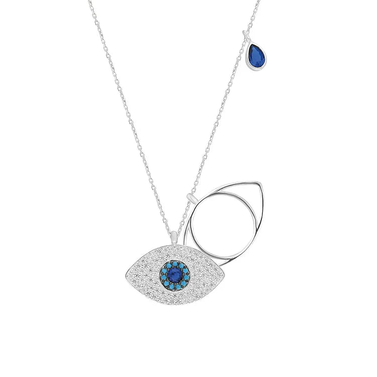 Silberkette mit blauem Auge-Anhänger, Zirkonia-Steinen, modisches Schmuckstück.