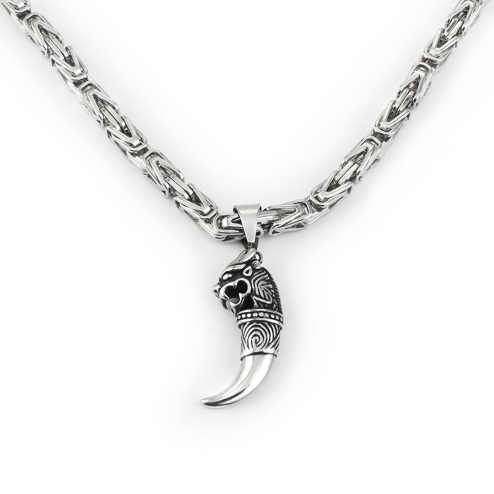 Silberne Edelstahlkette mit 6,5mm byzantinischem Design und Tieranhänger für Herren.