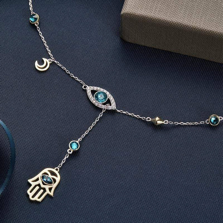 Orientalische Kristall-Halskette, 925 Sterling Silber, Hamsa-Anhänger, blau, Geschenkbox.