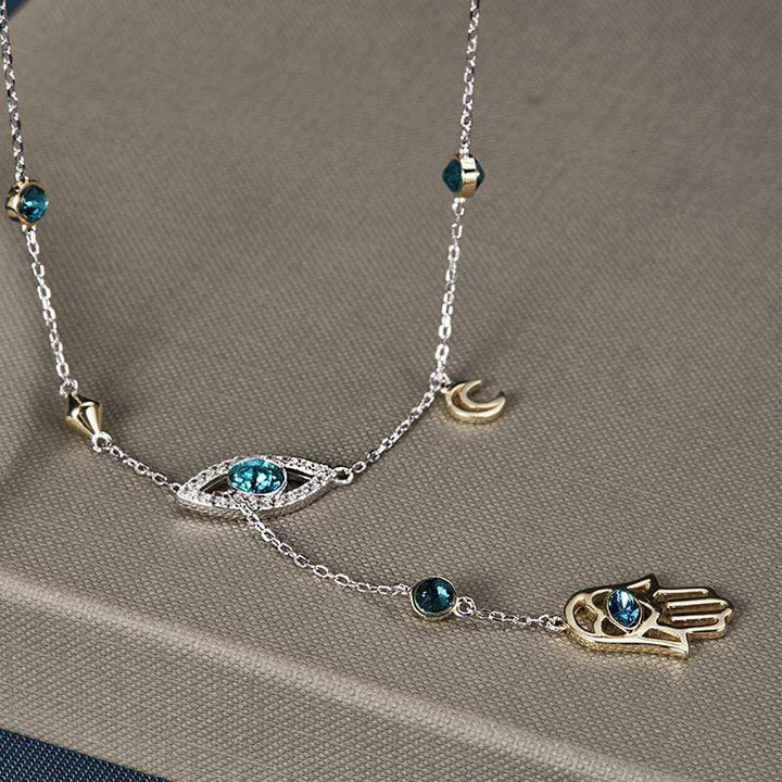 Orientalische Kristallhalskette, 925 Sterling Silber, Hamsa-Hand, blau, Damen-Schmuck.