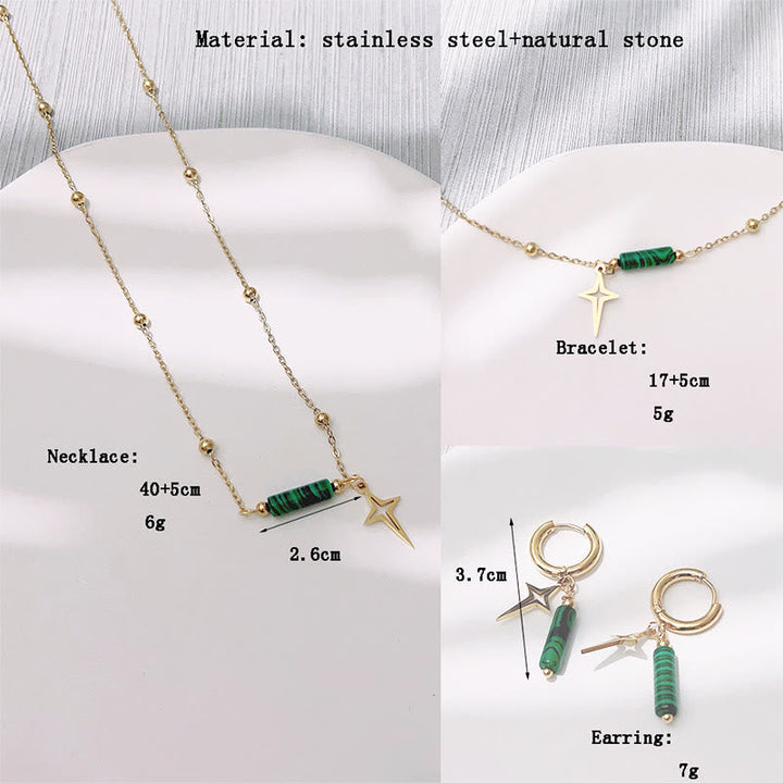 Goldene Halskette, Armband und Ohrringe mit grünen Steinen, Edelstahl, Sternanhänger.