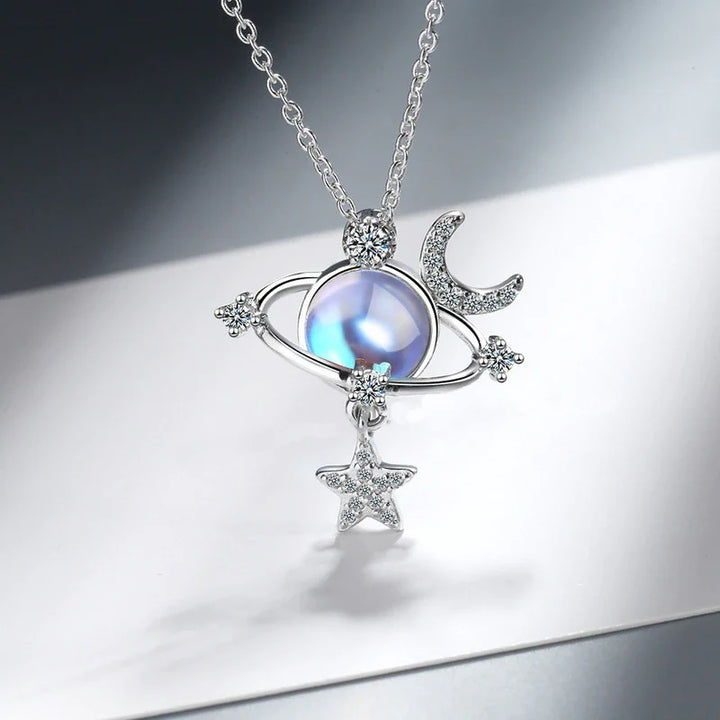 Silberne Halskette mit Planetenanhänger, Mond und Stern, Zirkonia, Damen-Schmuck.