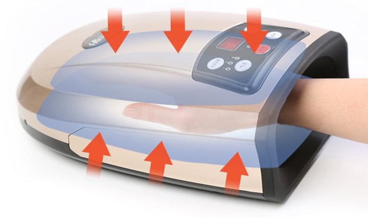Elektrische Handmassagegerät, beige, mit digitalem Display, für Schmerzlinderung und Entspannung.