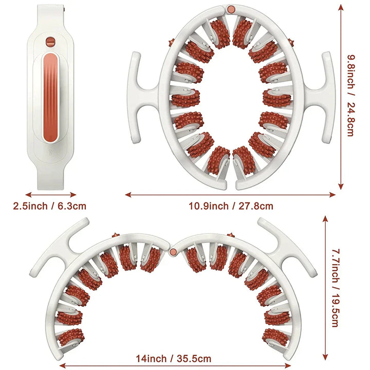 Weißer Massageroller mit roten Noppen, ergonomisch, für Rückenmassage, 35,5 cm, Kunststoff.