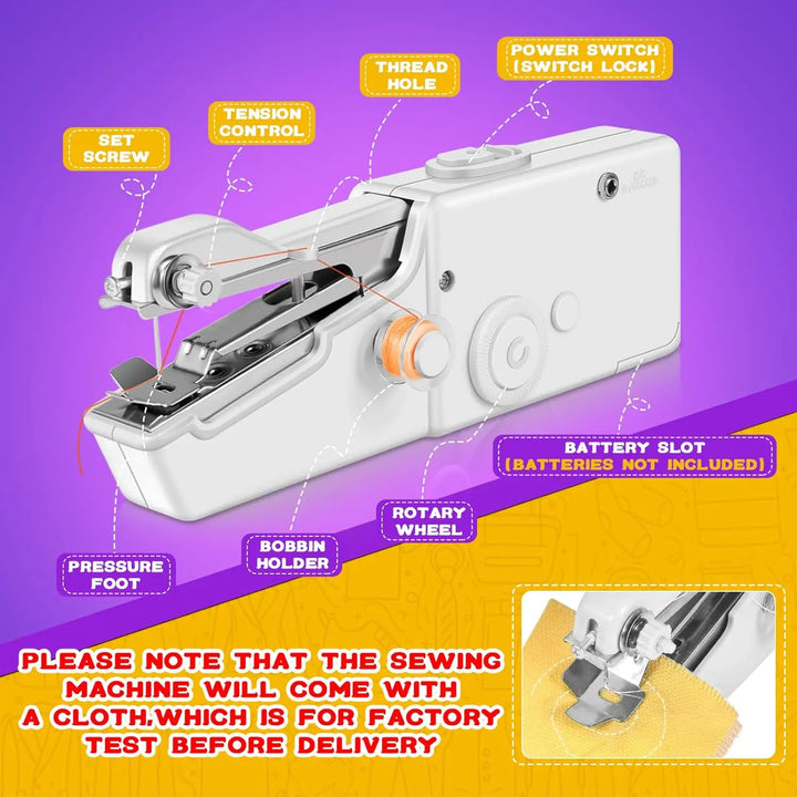 Tragbare weiße Handnähmaschine mit Fadenloch, Spannungsregler und Batteriefach.