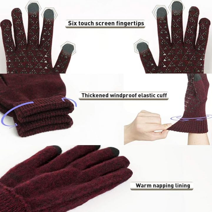 Warme, weinrote Touchscreen-Handschuhe mit winddichtem Bündchen und noppigem Innenfutter.