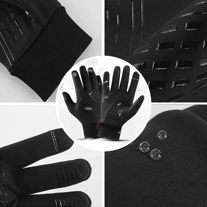Schwarze wasserdichte Winterhandschuhe, rutschfest, Touchscreen-kompatibel, für Outdoor-Aktivitäten.