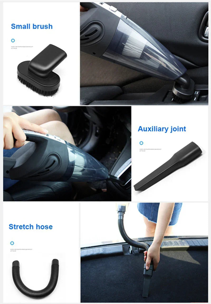 Tragbarer Auto-Staubsauger mit Bürste, Schlauch und Zubehör, kabellos, kompakt, schwarz.