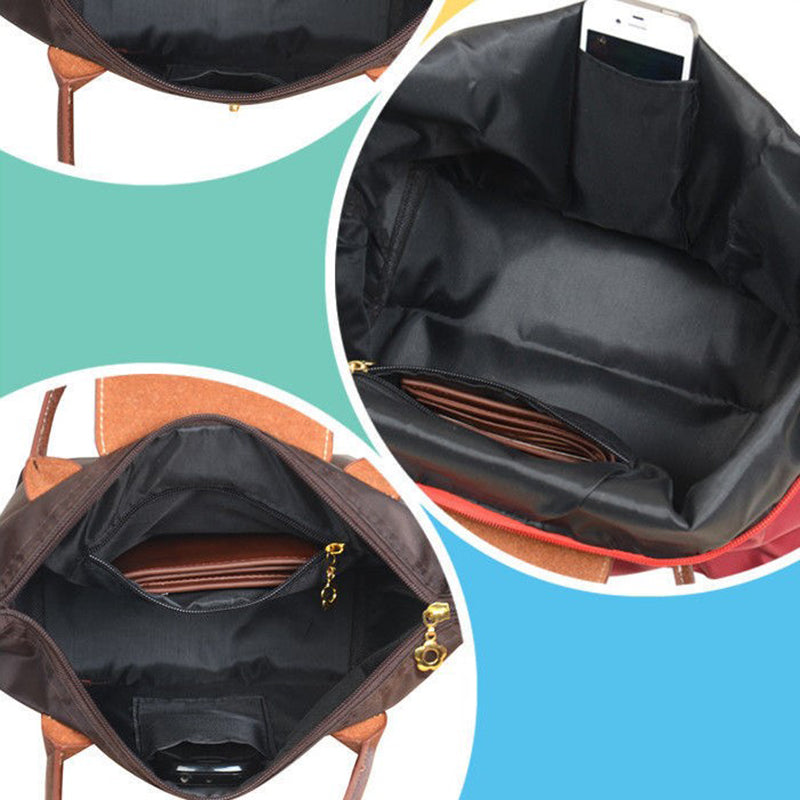 Braune Oxford-Handtasche, wasserdicht, faltbar, Nylon, Damen, mit Innenfächern und Reißverschluss.