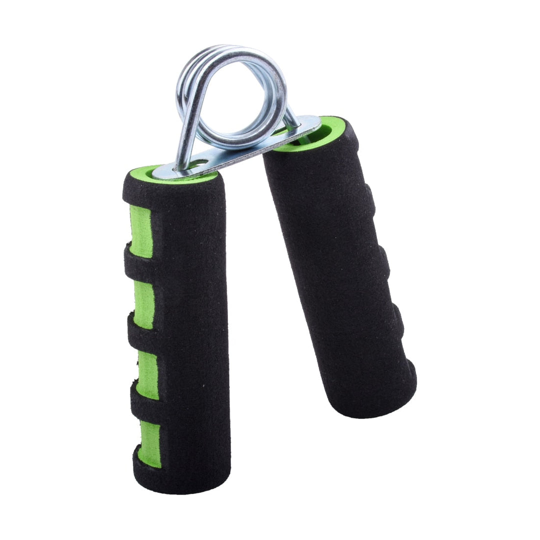 Schwarzer Handtrainer mit grünem Schaumstoffgriff, Fitnessgerät für Hand- und Fingerkraft.