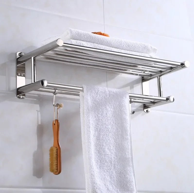 Wandhandtuchhalter aus Edelstahl mit Ablage, Handtuch und Bürste, Badezimmerzubehör.