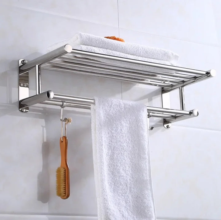 Wandhandtuchhalter aus Edelstahl mit Ablage, Handtuch und Bürste, Badezimmerzubehör.