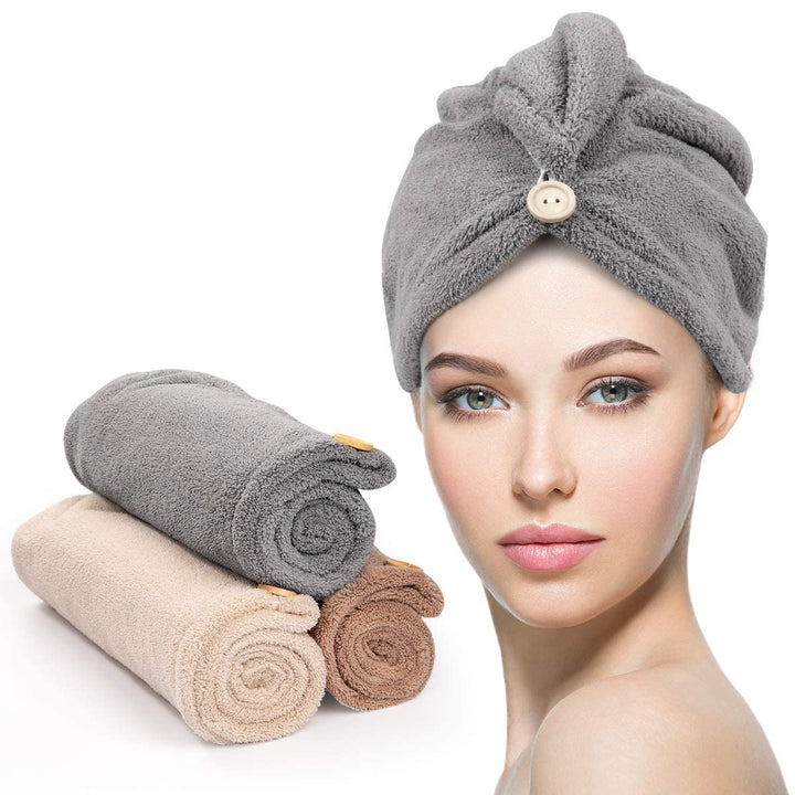 Graues Mikrofaser-Haarturban mit Knopf, schnelltrocknend, für Damen, 3er-Set.