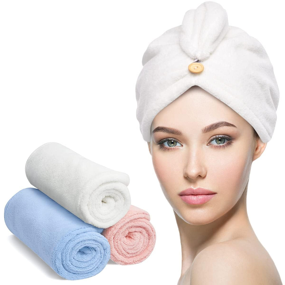 Mikrofaser Haarturban weiß mit Knopf, schnelltrocknend, inkl. rosa und blaues Handtuch.