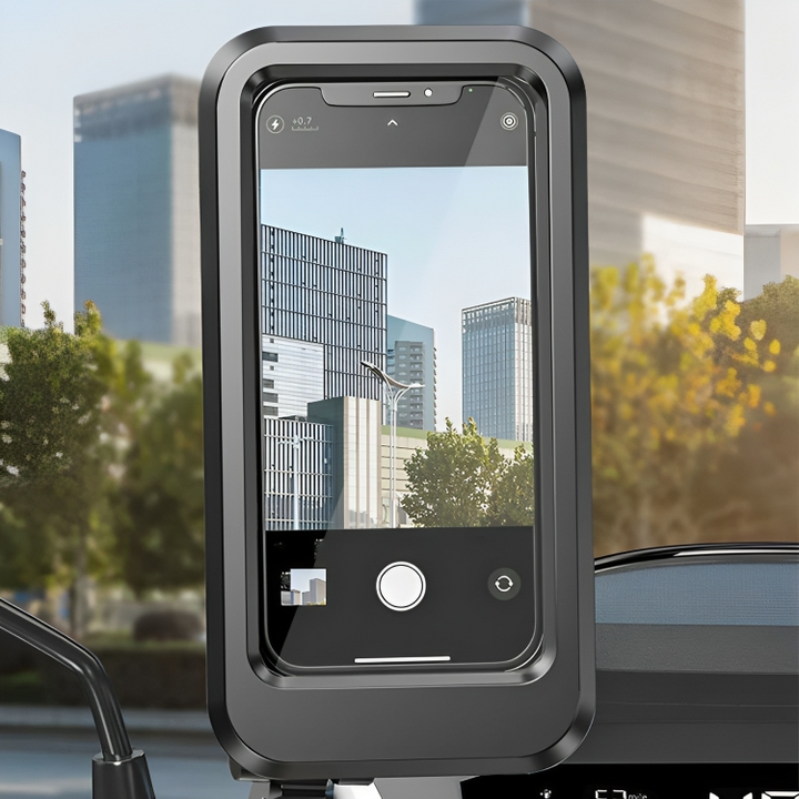 Schwarze Smartphone-Halterung für Auto, robustes Design, ideal für Navigation und Freisprechen.