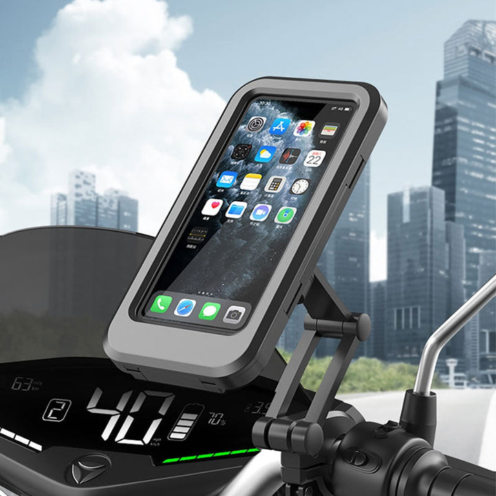 Wasserdichte Handyhalterung für Motorrad, schwarz, robust, wetterfest, ideal für Navigation.