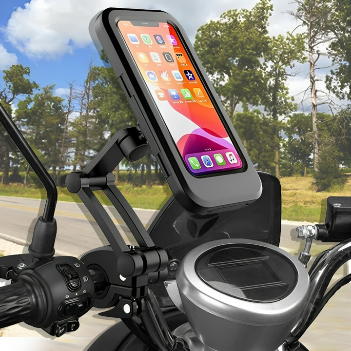 Motorrad-Handyhalterung, schwarz, robust, für iPhone, verstellbar, ideal für Navigation.