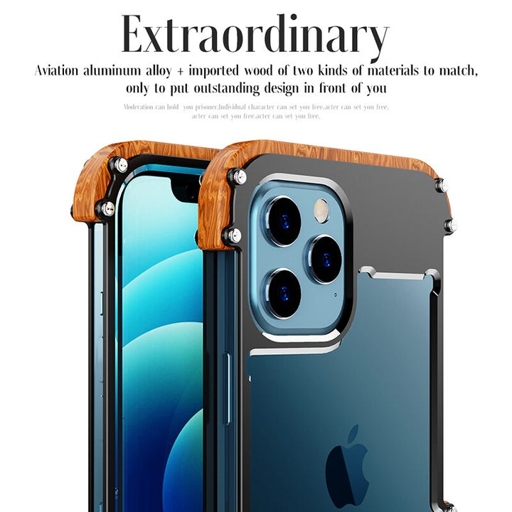 Luxuriöse iPhone-Hülle aus Aluminium und Holz, stoßfest, modernes Design.
