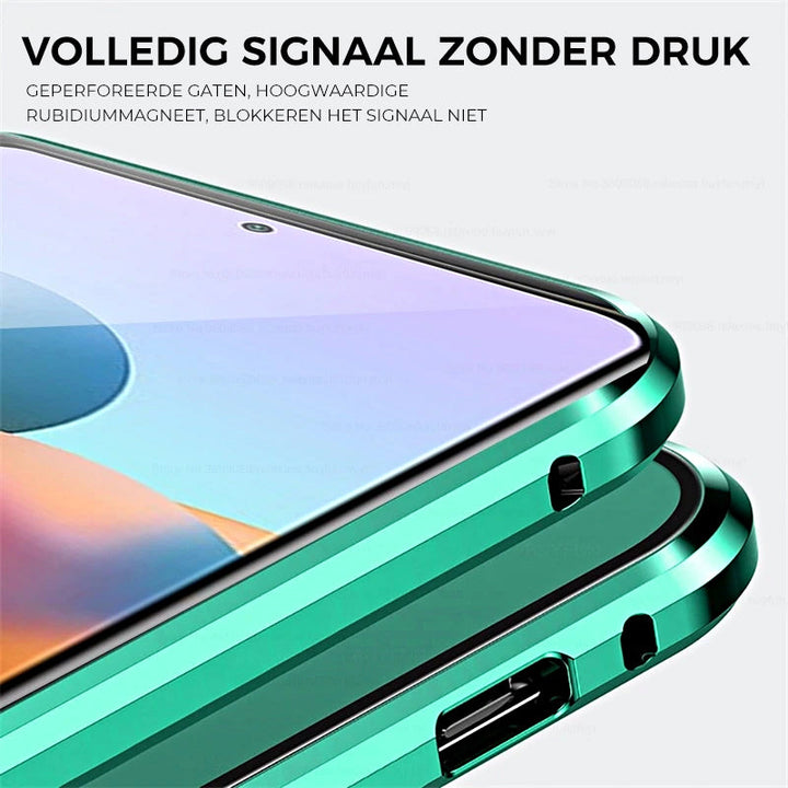 Grünes Smartphone-Metallgehäuse, signalfreundlich, mit präzisen Aussparungen, modernes Design.
