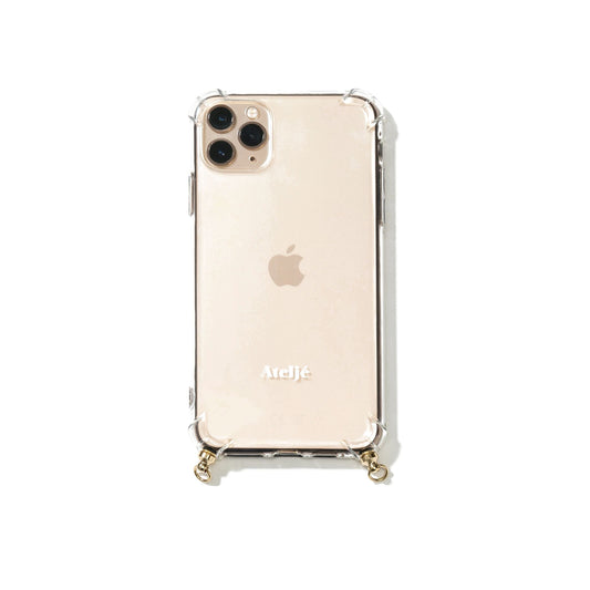 Transparente Handyhülle für iPhone, stoßfest, mit goldenen Details, minimalistisches Design.