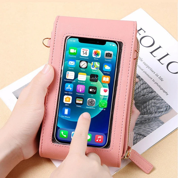 Rosa Handy-Umhängetasche aus Leder mit Touchscreen-Fenster für iPhone, modisch und praktisch.