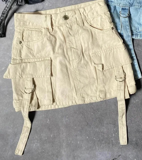 Beige Damen-Jeansrock, A-Linie, Mini, mit mehreren Taschen, Y2K-Stil, Harajuku-Mode.