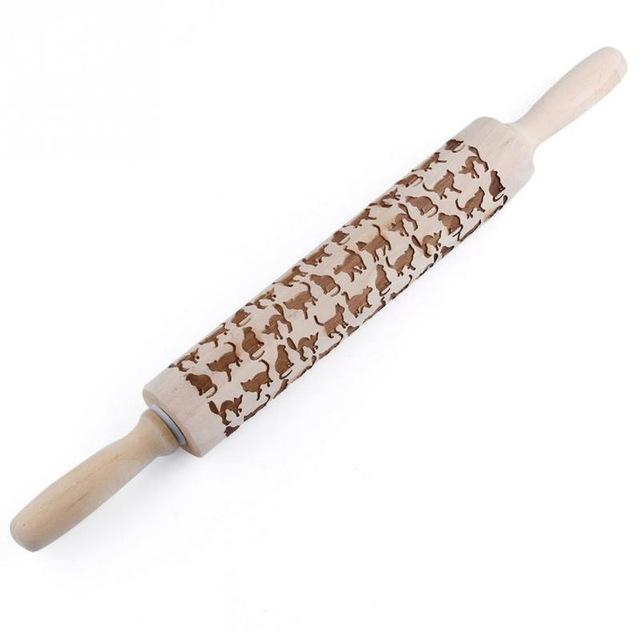 Holz-Teigroller mit Hasenmotiv, graviert, ideal für Osterplätzchen, Backzubehör.
