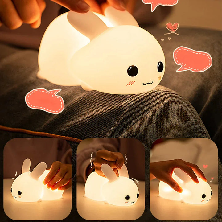 Kaninchen-Nachtlicht aus Silikon, LED, dimmbar, Kinderzimmer, warmweiß, niedlich, Geschenkidee.