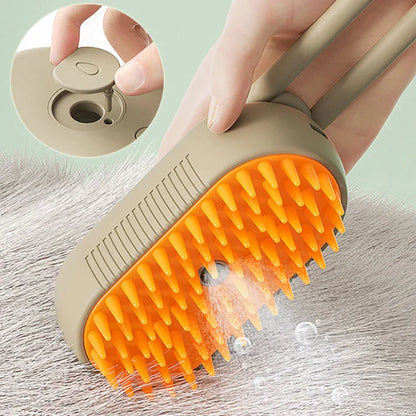 Beige-orange Haustierbürste mit Wasserbehälter, ideal für sanfte Fellpflege und Reinigung.