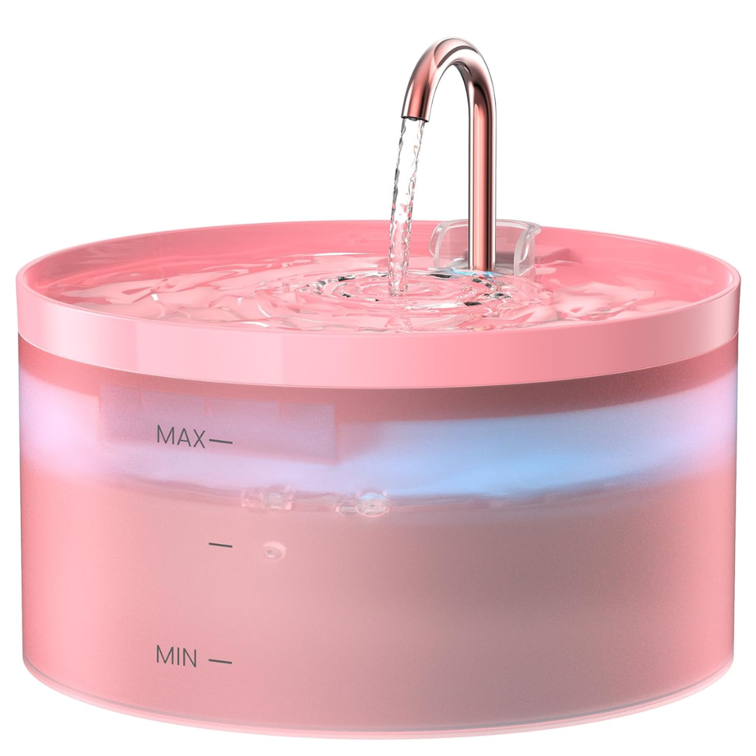 Rosa Katzenbrunnen mit LED-Beleuchtung, automatischer Wasserspender, Haustiertränke.