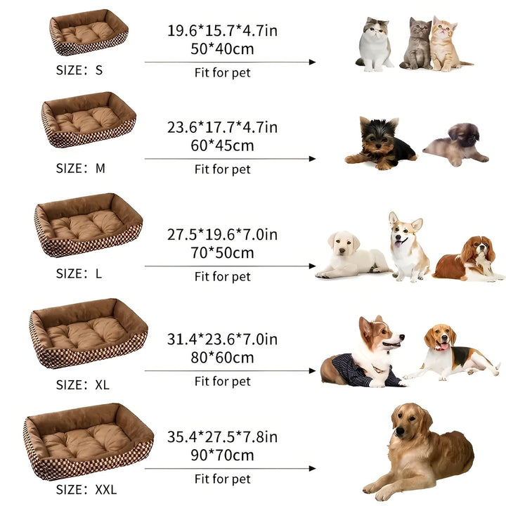 Größenübersicht für braunes, weiches Haustierbett aus Plüsch, geeignet für Katzen und Hunde.