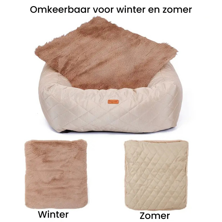 Beiges, wendbares Hundebett mit abnehmbarem Kissen, geeignet für Winter und Sommer.