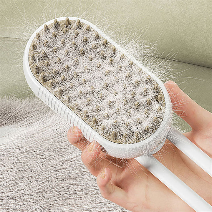 Weiße Haustierbürste mit Haaren, ergonomisch, für Hunde und Katzenpflege.