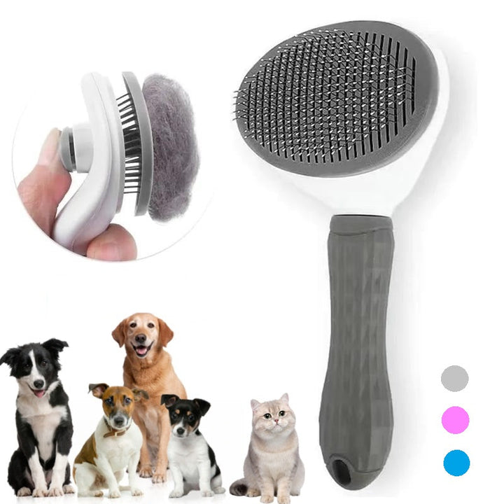 Selbstreinigende Haustierbürste, grau, für Hunde und Katzen, Fellpflege, ergonomischer Griff.
