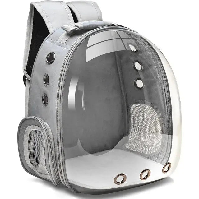 Transparenter Haustier-Rucksack, grau, mit Belüftungslöchern, ideal für Katzen und kleine Hunde.