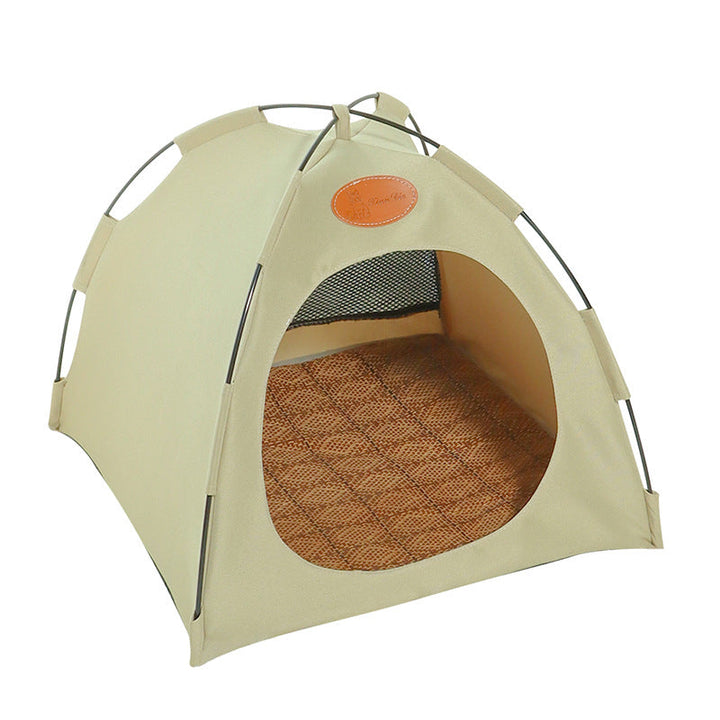 Beige Haustierzelt aus Stoff mit Netzfenster, ideal für Katzen und kleine Hunde, tragbar.