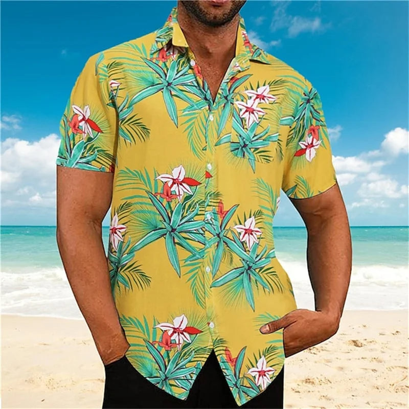 Männer Hawaiihemd gelb mit tropischem Blumenmuster, Kurzarm, Strandmode, Sommerbekleidung.