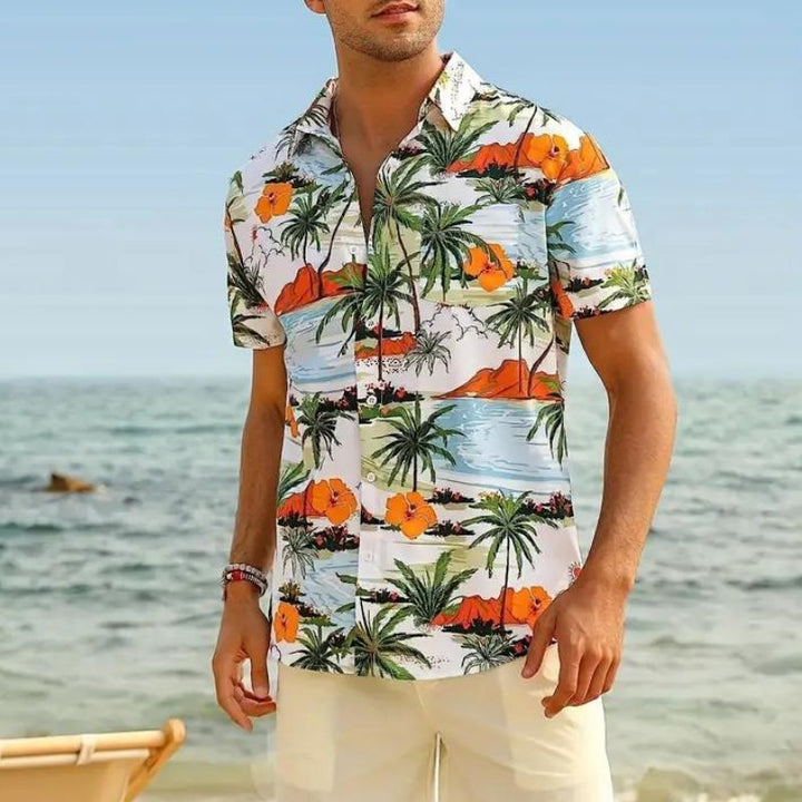 Männer Hawaiihemd, bunt, Palmenmuster, Strand, Freizeit, Sommermode, Kurzarm, Baumwolle.
