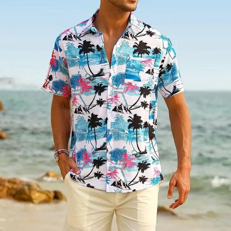 Herren Hawaiihemd, tropisches Palmenmuster, kurzärmelig, Strand, Sommermode, bunt.