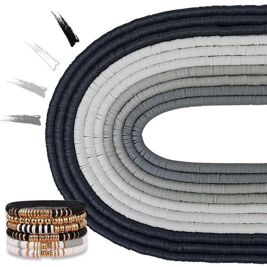 6mm Heishi-Perlen aus Polymer Clay in Schwarz, Weiß und Grau für Schmuckherstellung.