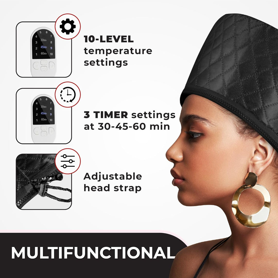 Multifunktionale beheizte Haube, schwarz, 10 Temperaturstufen, verstellbarer Kopfgurt, Timer.