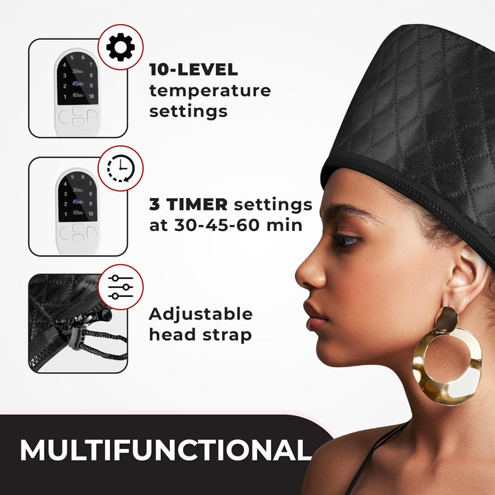 Multifunktionale beheizte Haube, schwarz, 10 Temperaturstufen, verstellbarer Kopfgurt, Timer.